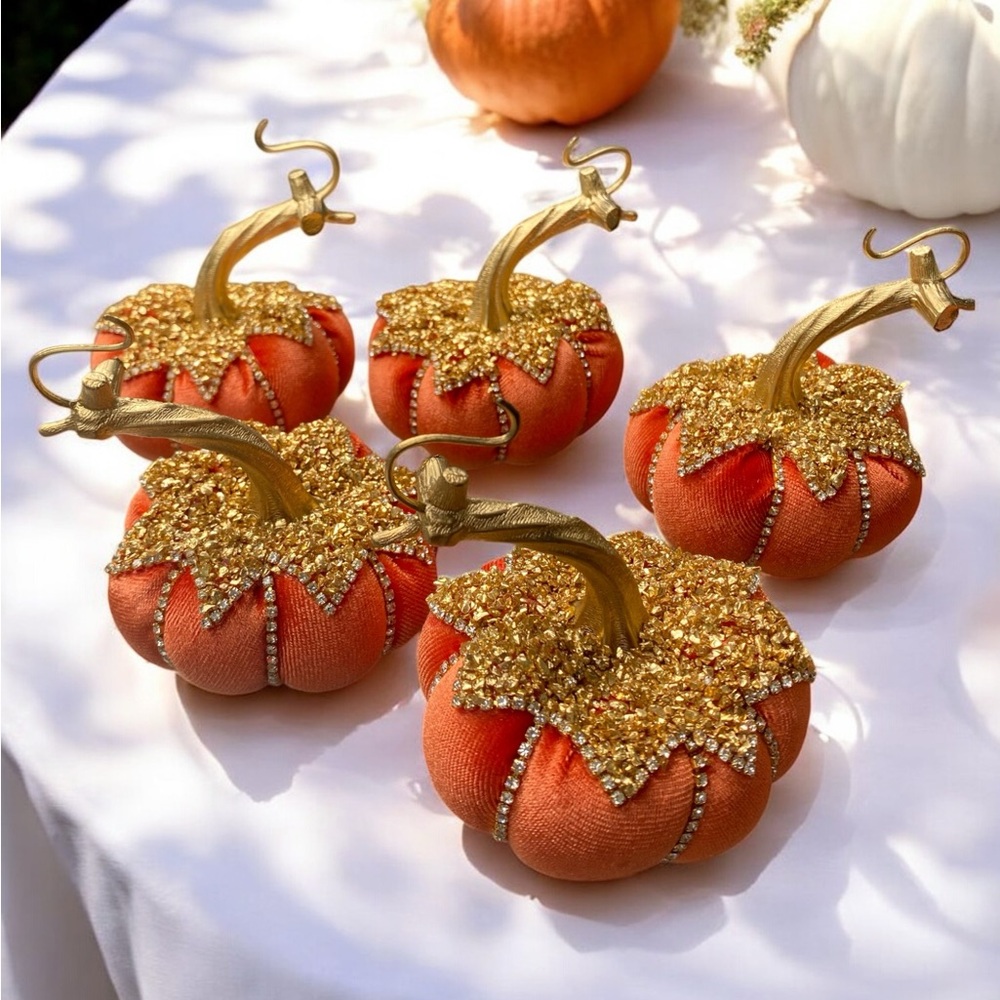 Elegant handcrafted Gold and Orange Holiday Pumpkins set of 5 pcs. Size 8-8,5.